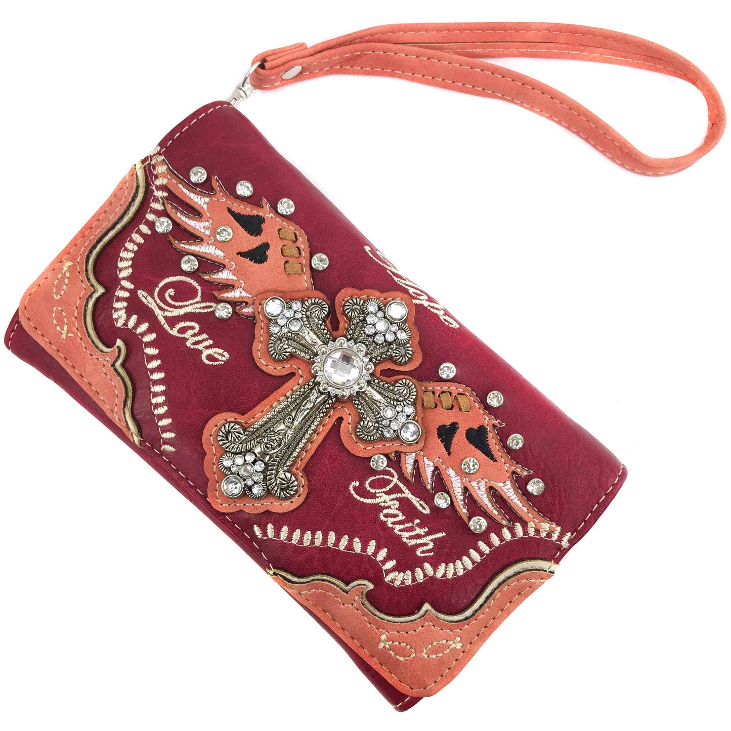 Hope Love Faith Cross Crossbody Wristlet Wallet: Red