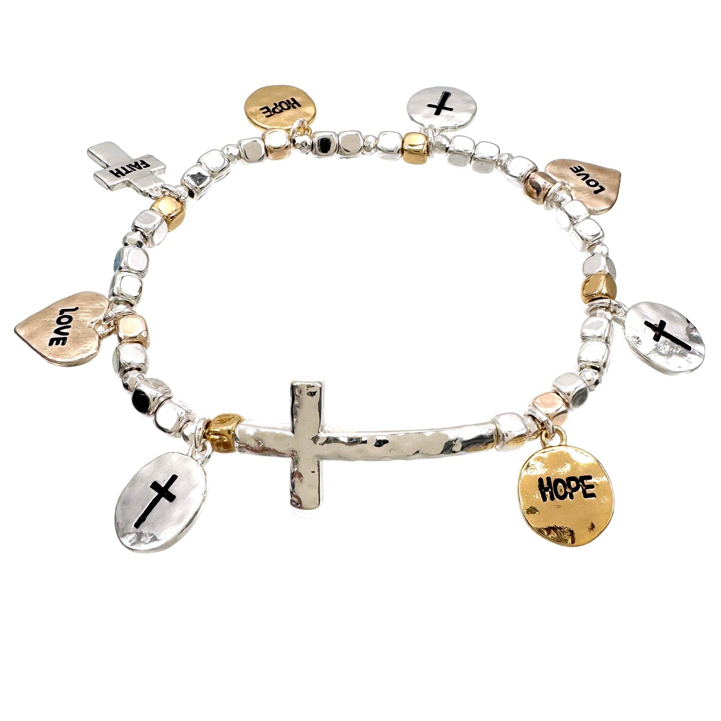 Hope Love Faith Charms Stretch Bracelet: Gold