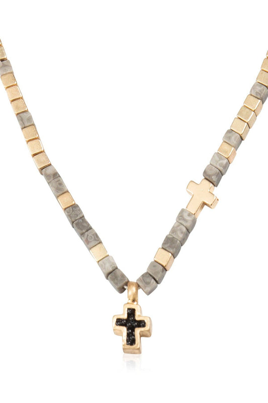 Religious Charm Cross Necklace - Natural Stone Cubic Bead: Grey Jasper